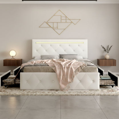 Upholstered Bed Frame with LED Lights Storage