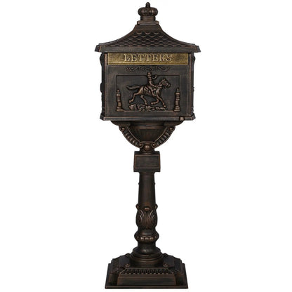 Bronze finish cast aluminum mailbox on pedestal with LETTERS plaque by Unique Piece Furniture on Tampa Home & Garden Store