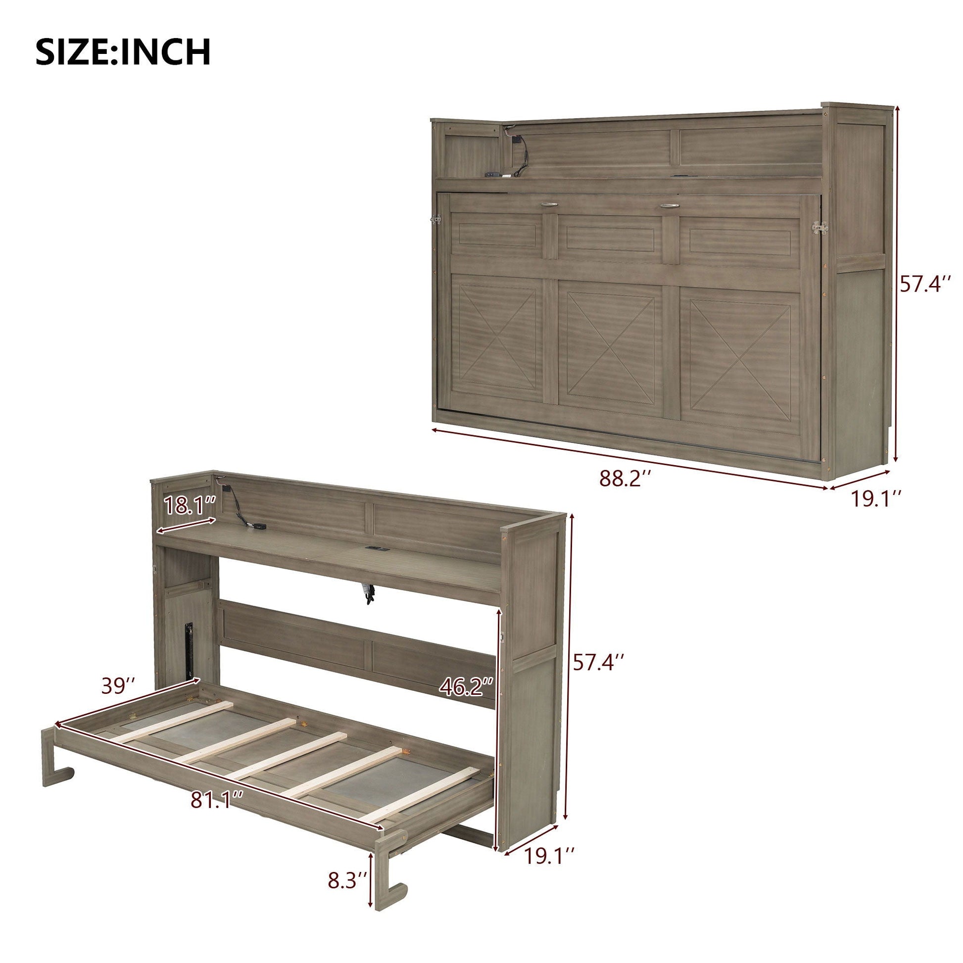 Murphy Bed With Desk, LED Light And USB Charging Station in gray-brown wood by HouseOfZazla on Tampa Home & Garden Store