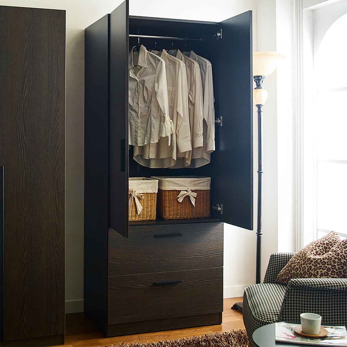 HouseOfZazla dark brown 2-door wardrobe with drawers and hanging bar, open to reveal shirts on Tampa Home & Garden Store