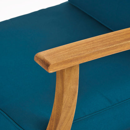 Perla Contemporary Club Chair teal cushion with wooden armrest and frame on Tampa Home & Garden Store