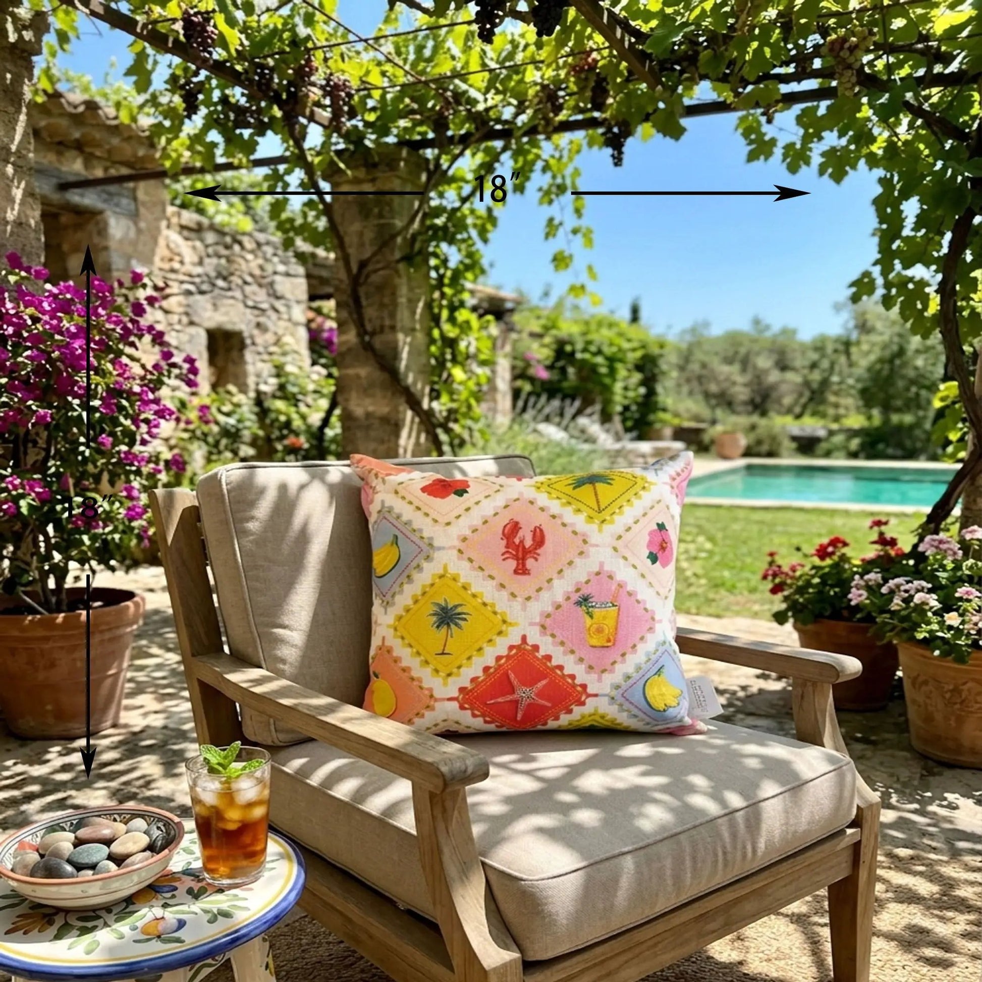 Outdoor Pillows set of 2, weather resistant, tropical pattern on beige cushions on Tampa Home & Garden Store