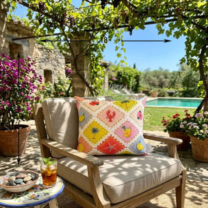 Outdoor Pillows set of 2, weather resistant, tropical pattern on beige cushions on Tampa Home & Garden Store