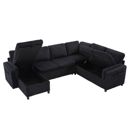 Convertible U-shaped sectional sofa bed by HouseOfZazla in black with USB ports and storage on Tampa Home & Garden Store