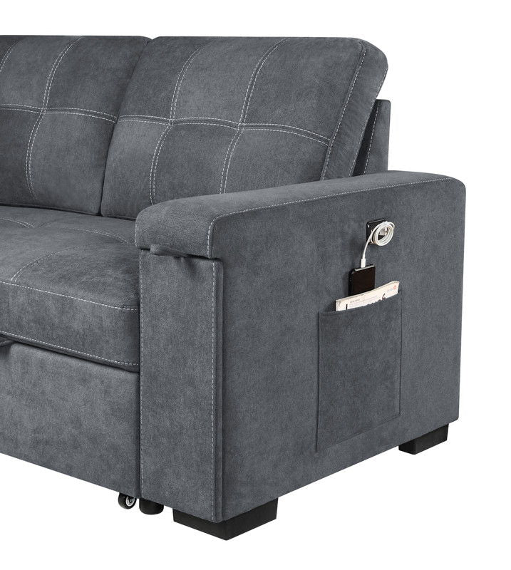 Toby sleeper sectional sofa in gray fabric with storage pocket, cup holder and charging ports on Tampa Home & Garden Store