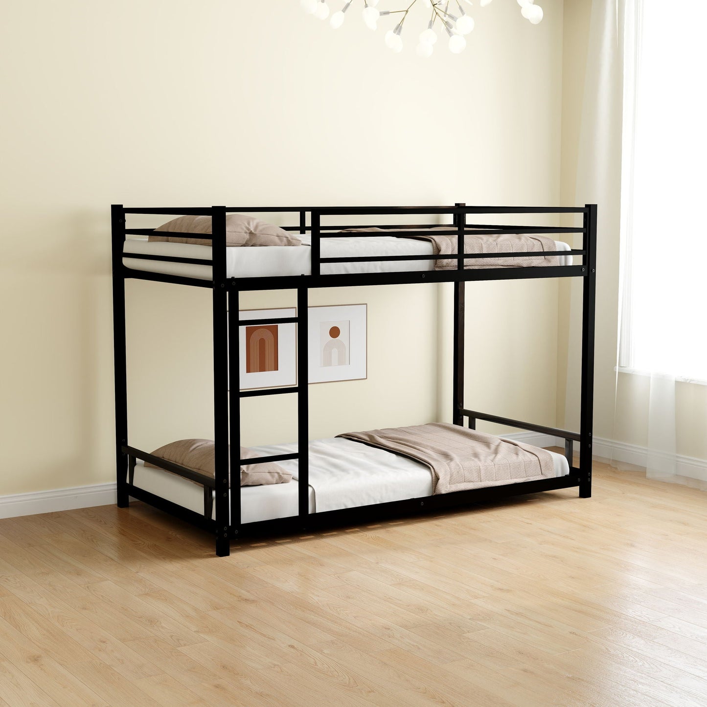 Black metal twin-over-twin bunk bed with safety guardrails and ladder, beige bedding on Tampa Home & Garden Store