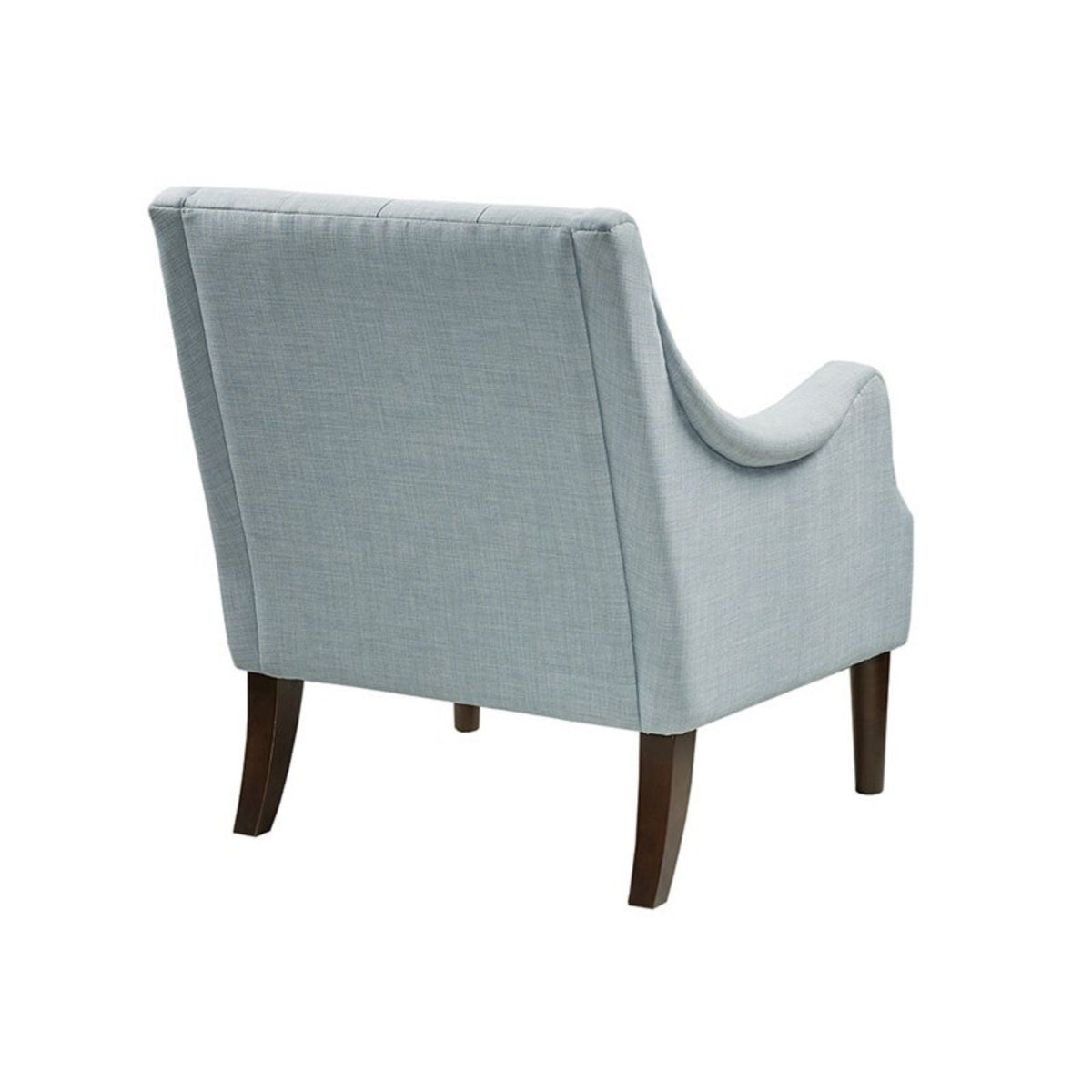 Button-tufted light blue accent arm chair with removable cushion and dark wooden legs on Tampa Home & Garden Store