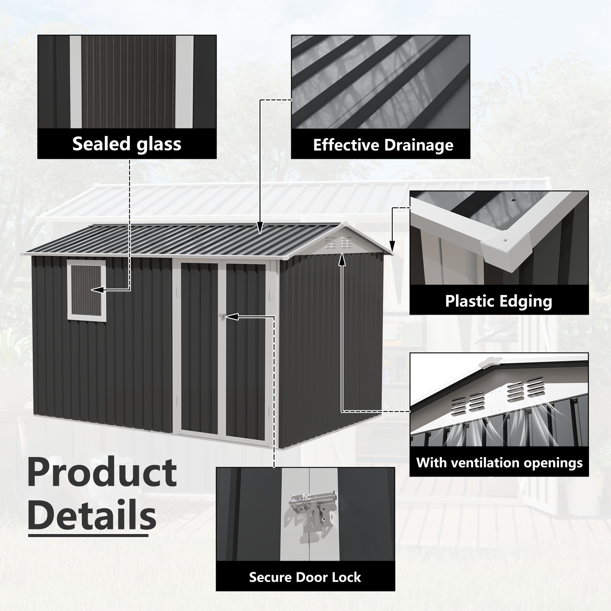9 x 6 FT metal garden shed by HouseOfZazla with dark gray panels and window door on Tampa Home & Garden Store
