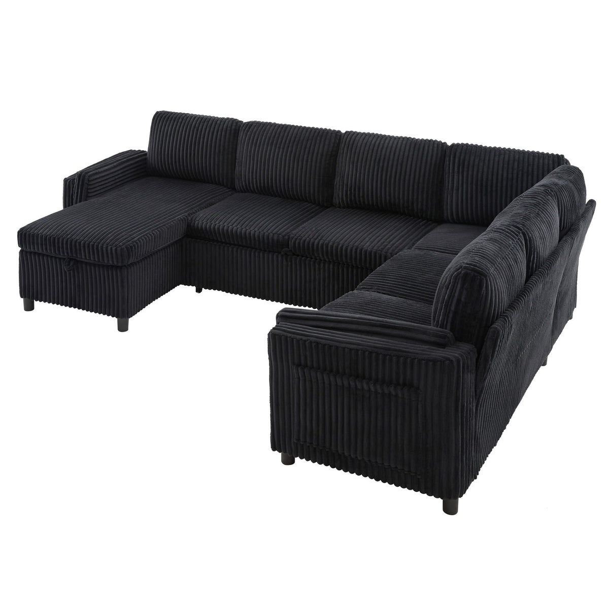 HouseOfZazla black corduroy U-shaped sectional sofa with cushioned backrests and ottoman on Tampa Home & Garden Store