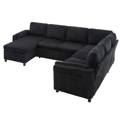 HouseOfZazla black corduroy U-shaped sectional sofa with cushioned backrests and ottoman on Tampa Home & Garden Store