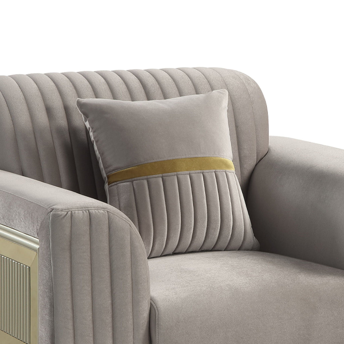 Antigua Upholstered Arm Chair with Metal Frame in light gray fabric with gold accent on Tampa Home & Garden Store