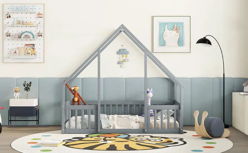 Wood house-shaped toddler bed with guardrails, gray, two plush toys Unique Piece Furniture on Tampa Home & Garden Store