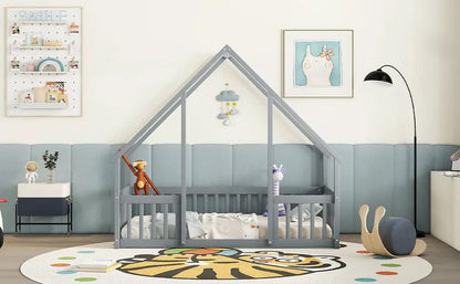 Wood house-shaped toddler bed with guardrails, gray, two plush toys Unique Piece Furniture on Tampa Home & Garden Store