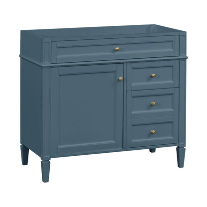 Bathroom vanity base blue finish with 2 drawers and tip-out drawer, brass knobs storage cabinet on Tampa Home & Garden Store