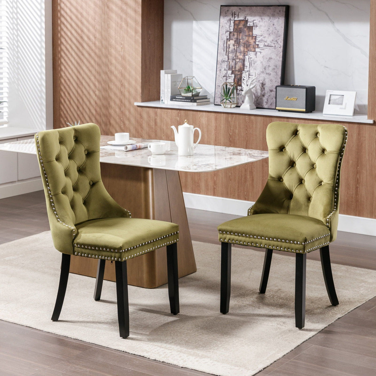 Tufted dining chair set in olive velvet with nailhead trim, 2 chairs, black legs HouseOfZazla on Tampa Home & Garden Store