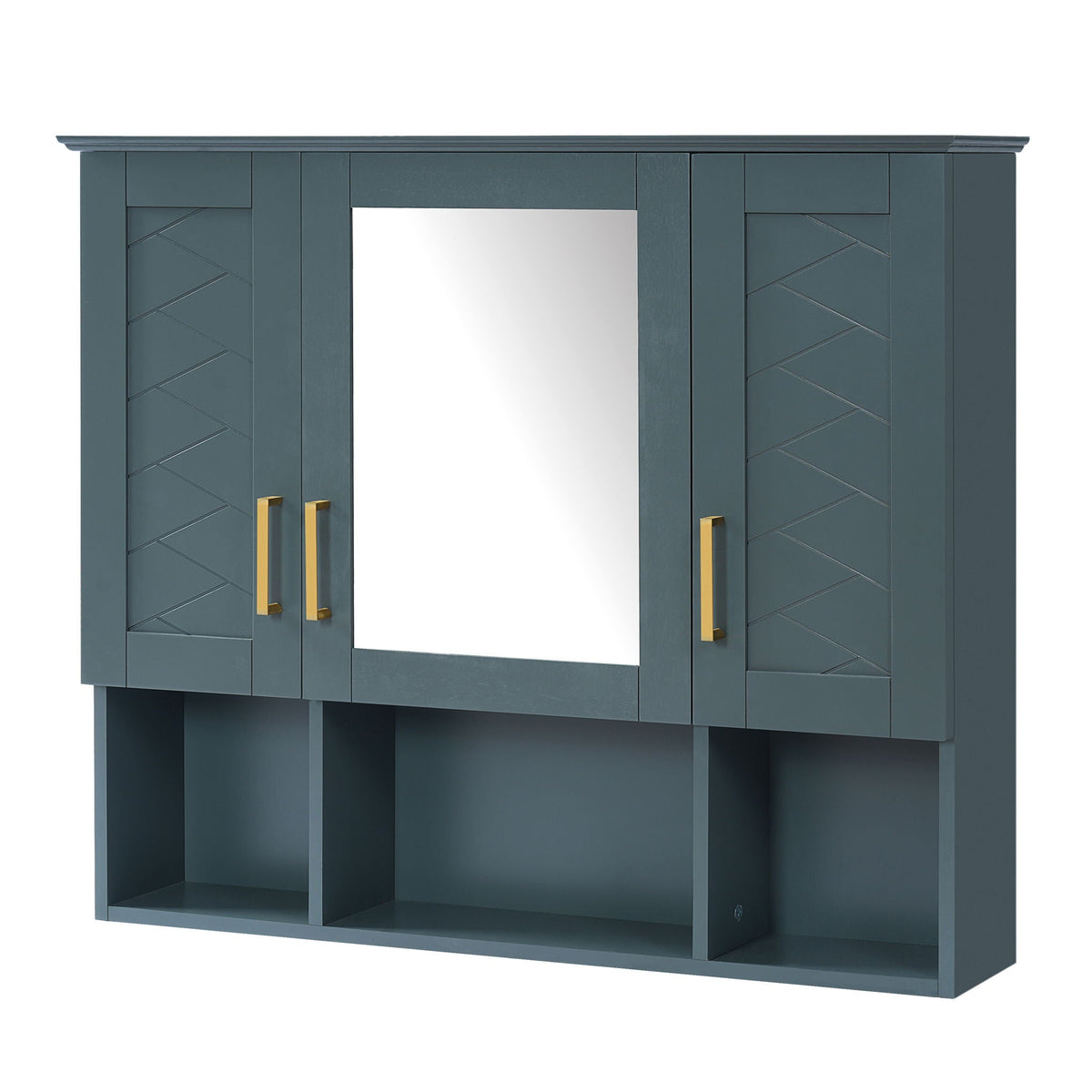 Modern wall mounted medicine cabinet with mirror blue finish gold handles two doors open lower shelves on Tampa Home & Garden Store