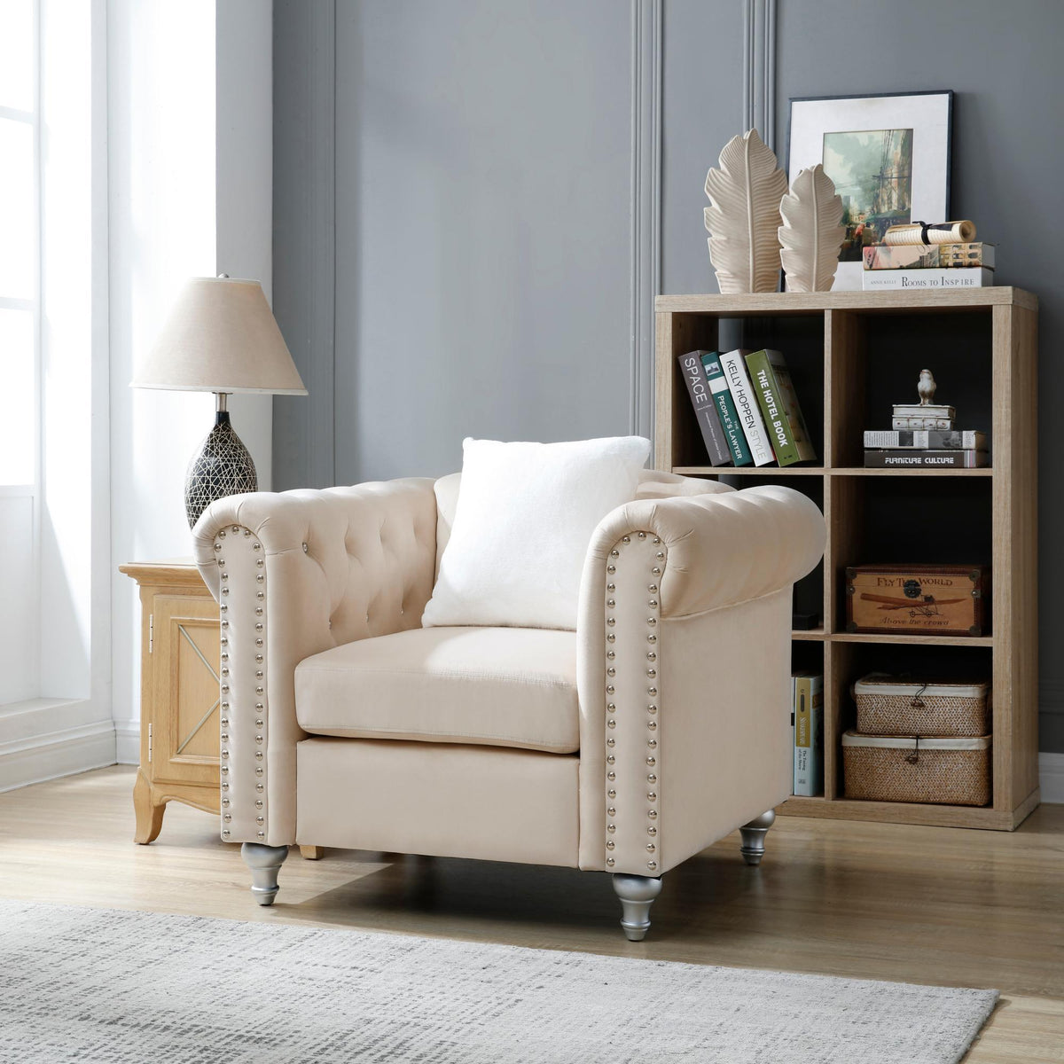 HouseOfZazla contemporary lounge chair beige tufted armchair with nailhead trim on Tampa Home & Garden Store