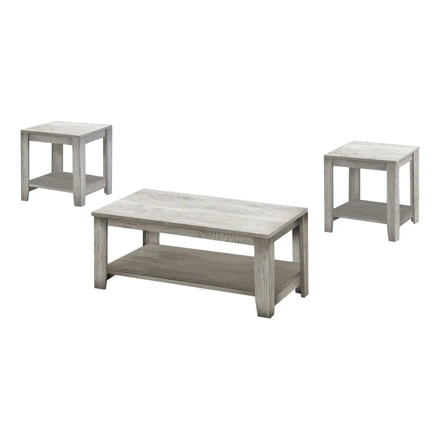 Table set of 3: coffee table plus two end tables in graywashed wood finish, transitional style on Tampa Home & Garden Store