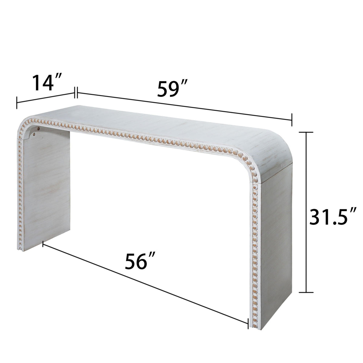 Waterfall console table with curved design in white and brown bead trim, 56 inches long on Tampa Home & Garden Store