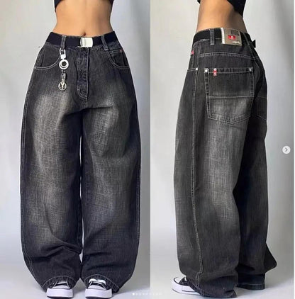 High Waist Retro Distressed Black Gray Wide-leg Jeans FLIPSTYLEZLLC with belt-loop keychain on Tampa Home & Garden Store