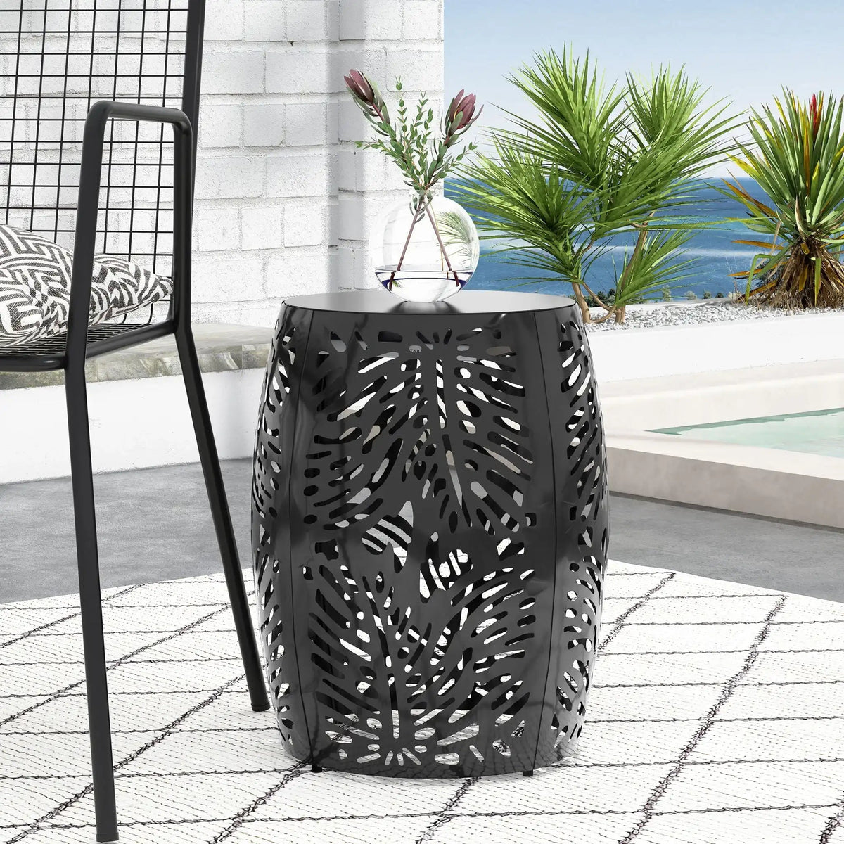 Outdoor end table black metal palm-leaf cut-out design on Tampa Home & Garden Store