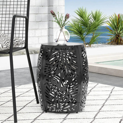 Outdoor end table black metal palm-leaf cut-out design on Tampa Home & Garden Store