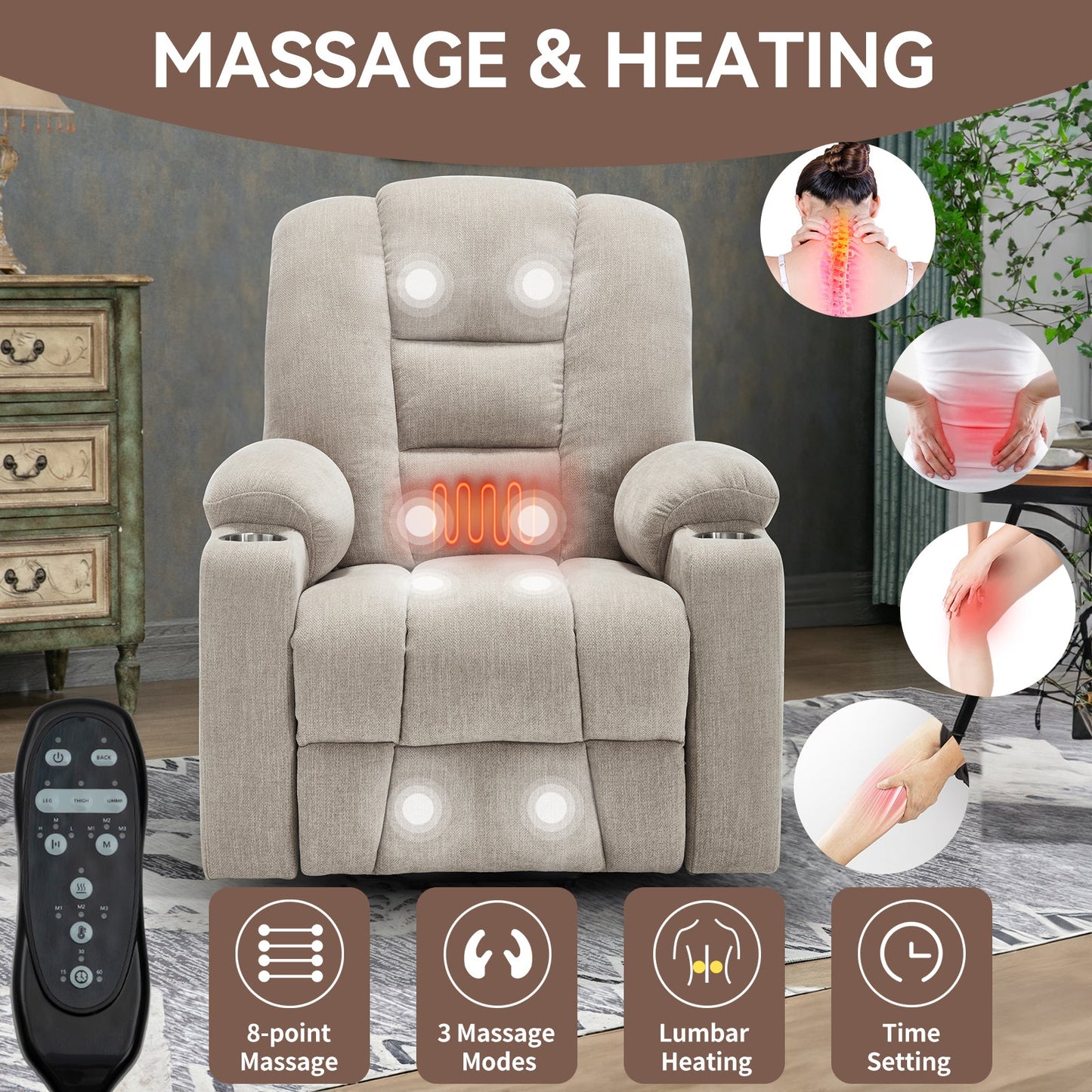 Power lift recliner chair in beige fabric with 8-point massage, lumbar heating on Tampa Home & Garden Store
