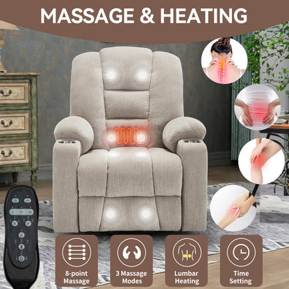Power lift recliner chair in beige fabric with 8-point massage, lumbar heating on Tampa Home & Garden Store