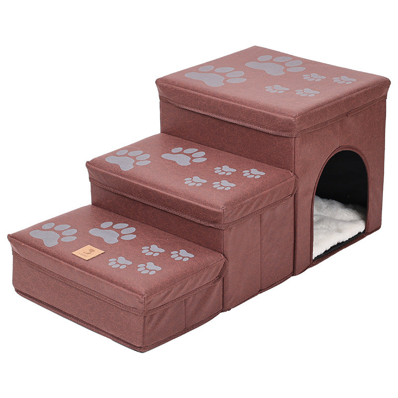 Cat kennel cage by Sell My Stuff in fabric with 3-step stairs, upper bed and paw-print motif on Tampa Home & Garden Store