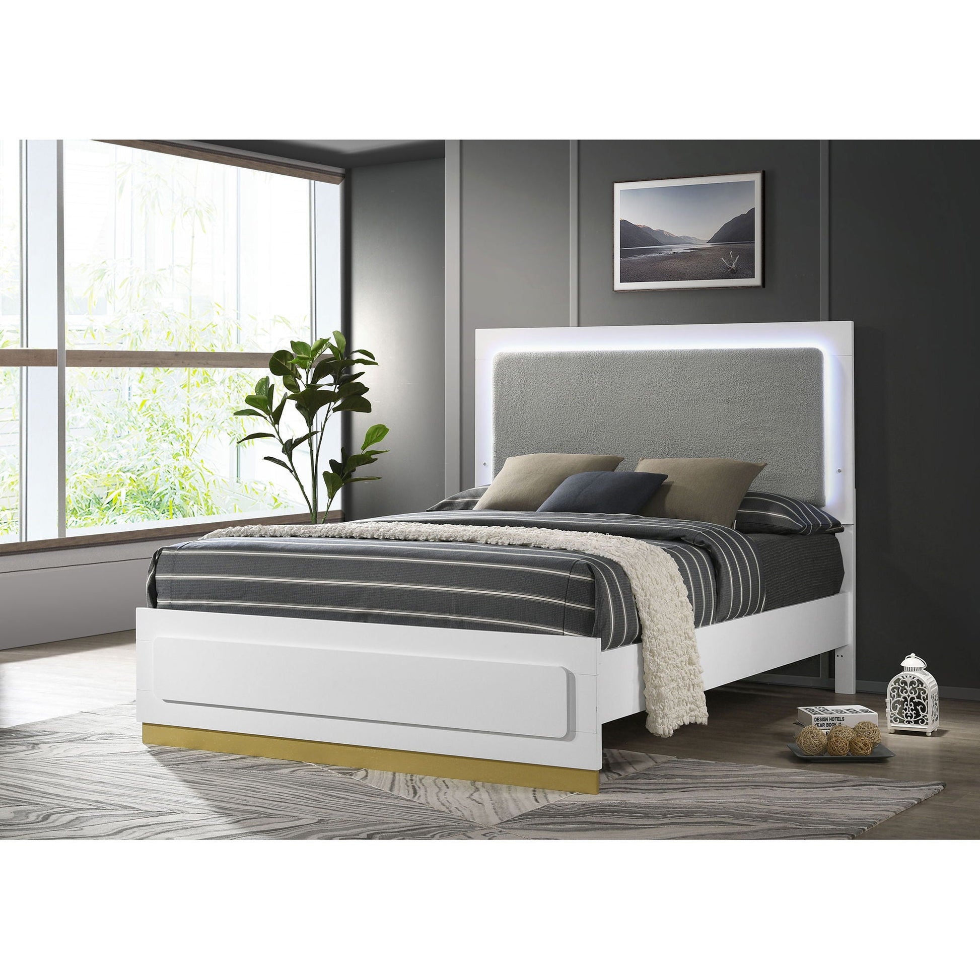 Sophia Panel Bed with LED headboard, white frame and gray upholstered headboard, bedroom on Tampa Home & Garden Store