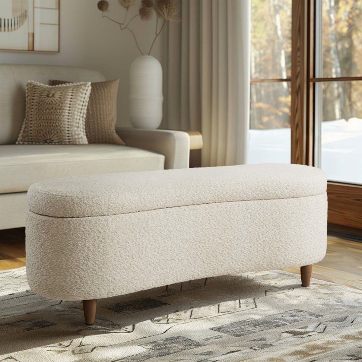 Flip Top Storage Bench beige textured fabric in a neutral living room setting on Tampa Home & Garden Store
