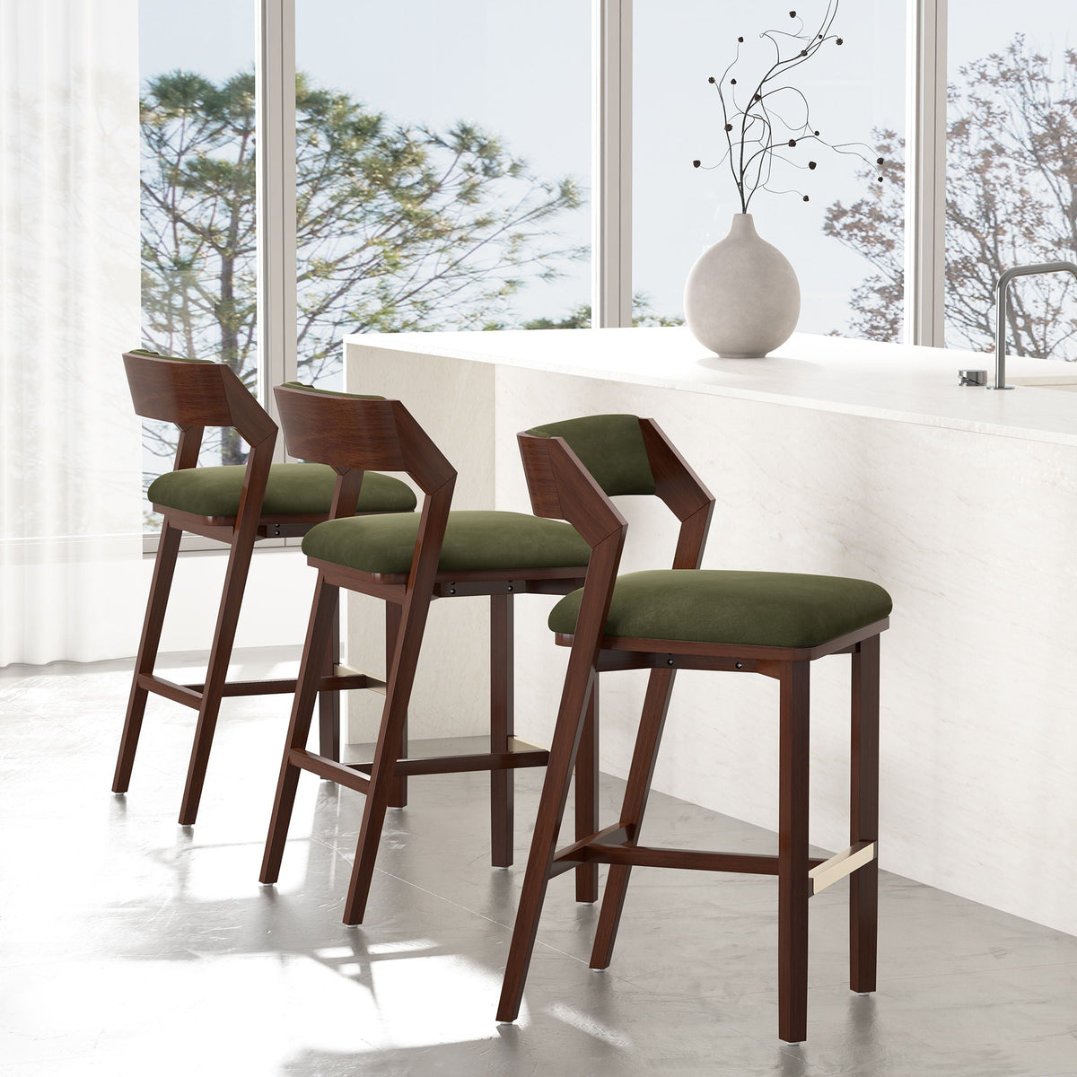 Bar height barstools with backrests, dark green cushions, wood frames, 4 stools on Tampa Home & Garden Store