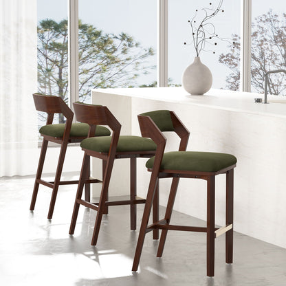 Bar height barstools with backrests, dark green cushions, wood frames, 4 stools on Tampa Home & Garden Store