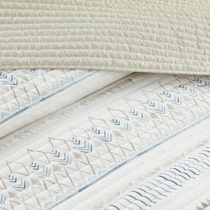 HouseOfZazla printed microfiber seersucker quilt set taupe blue, reversible, stacked on Tampa Home & Garden Store