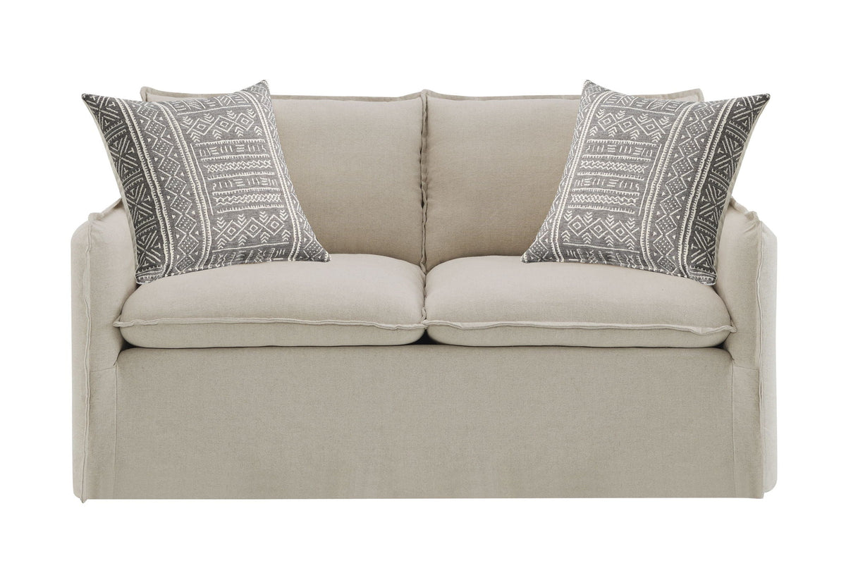 Pattern Linen Loveseat with 2 gray patterned toss pillows in beige upholstery on Tampa Home & Garden Store