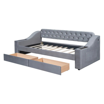 Upholstered daybed gray fabric with tufted back, storage armrests and built-in USB port on Tampa Home & Garden Store