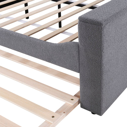 Upholstered grey daybed frame with light wood slats and fabric texture on Tampa Home & Garden Store