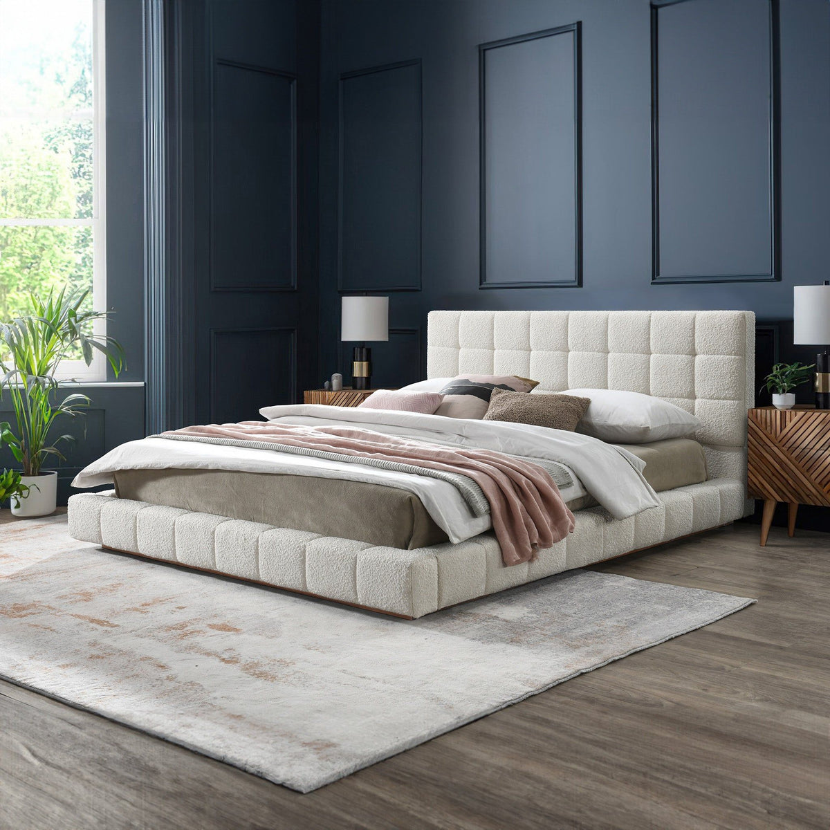 Modern Upholstered Platform Bed and Wood Slats