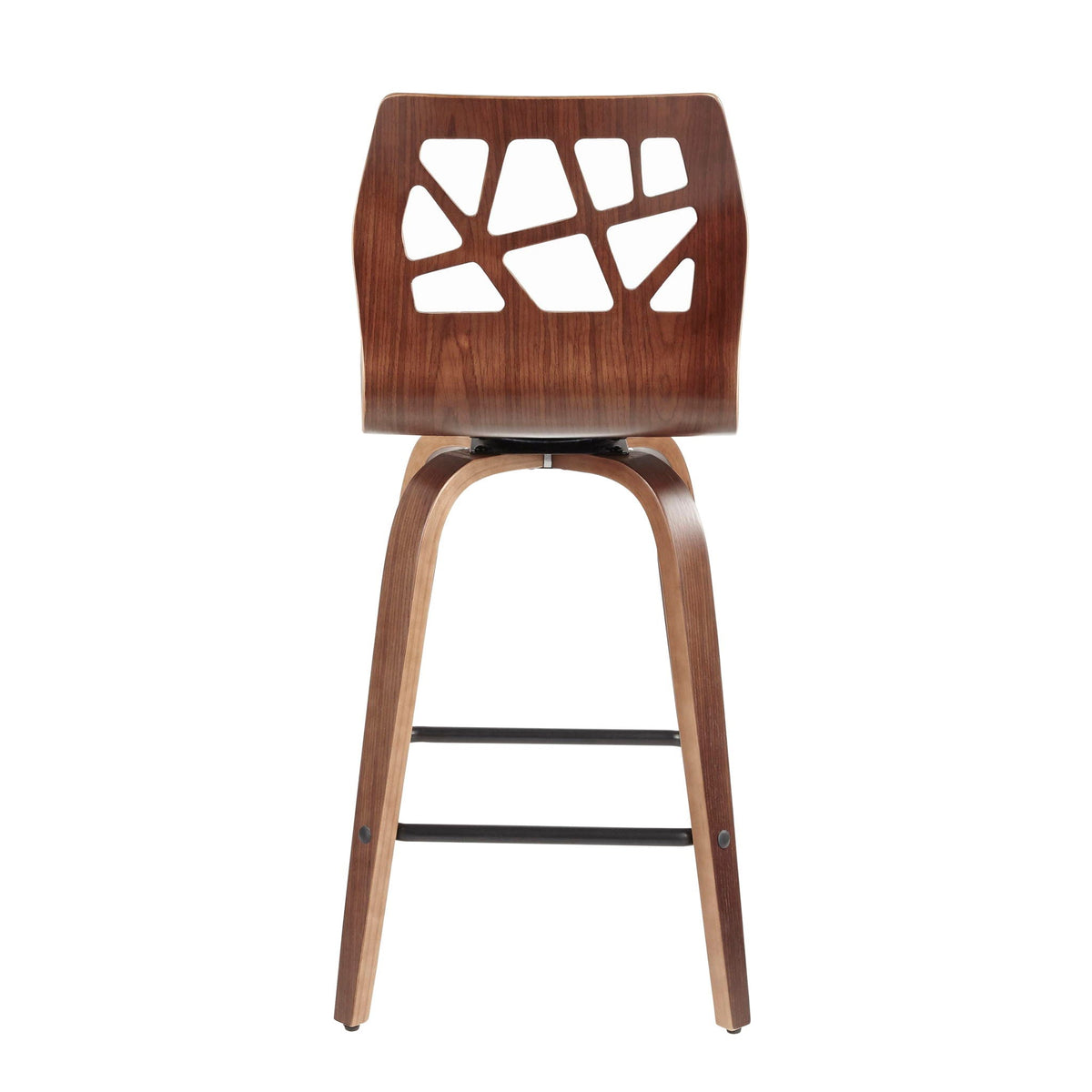 Mid-Century counter stool back in dark wood with geometric cutouts and swivel on Tampa Home & Garden Store