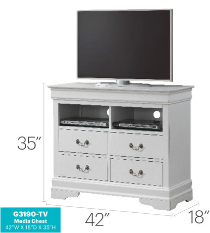 Media storage unit Timeless by HouseOfZazla, white or brown finish with TV on top, open shelves on Tampa Home & Garden Store