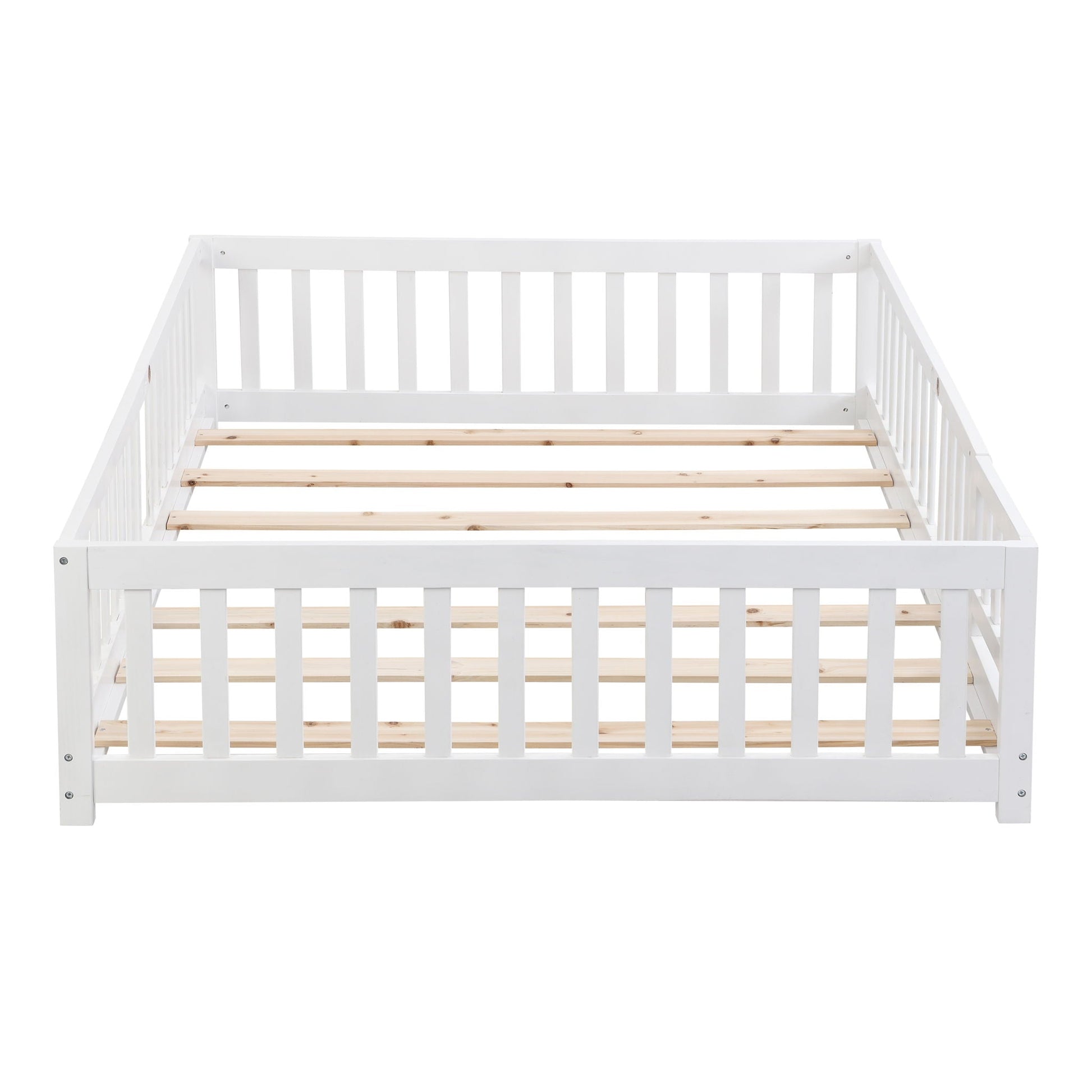 Solid wood floor bed for children HouseOfZazla, white frame with fence rails on Tampa Home & Garden Store