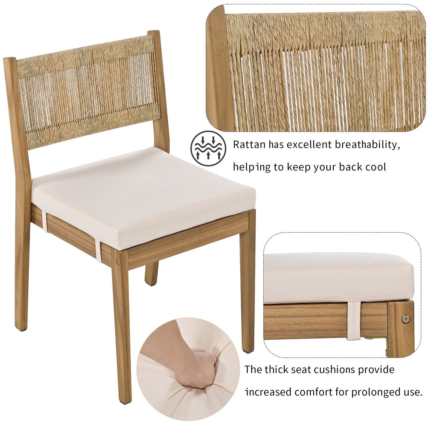 U_Style outdoor acacia wood dining chair with woven back and white cushion, HouseOfZazla set on Tampa Home & Garden Store