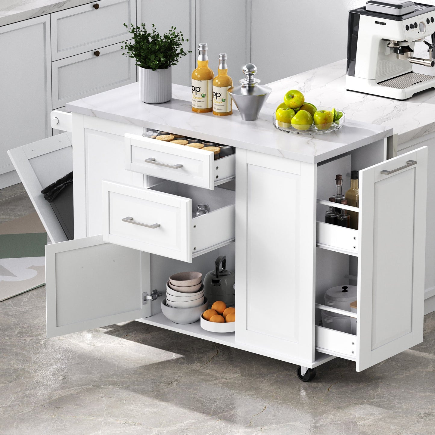 K&K Kitchen Island with Storage Tilt Trash Can Cabinet white with marble top, hardware on Tampa Home & Garden Store