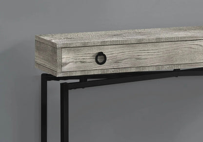 Accent Console Table with weathered gray wood and drawer with black ring pull on metal frame on Tampa Home & Garden Store