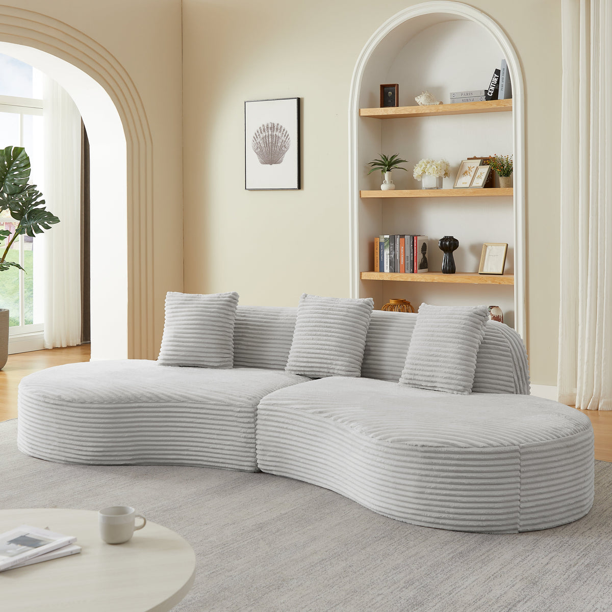 Contemporary Corduroy Curved Sectional Sofa by HouseOfZazla in light gray ribbed upholstery on Tampa Home & Garden Store