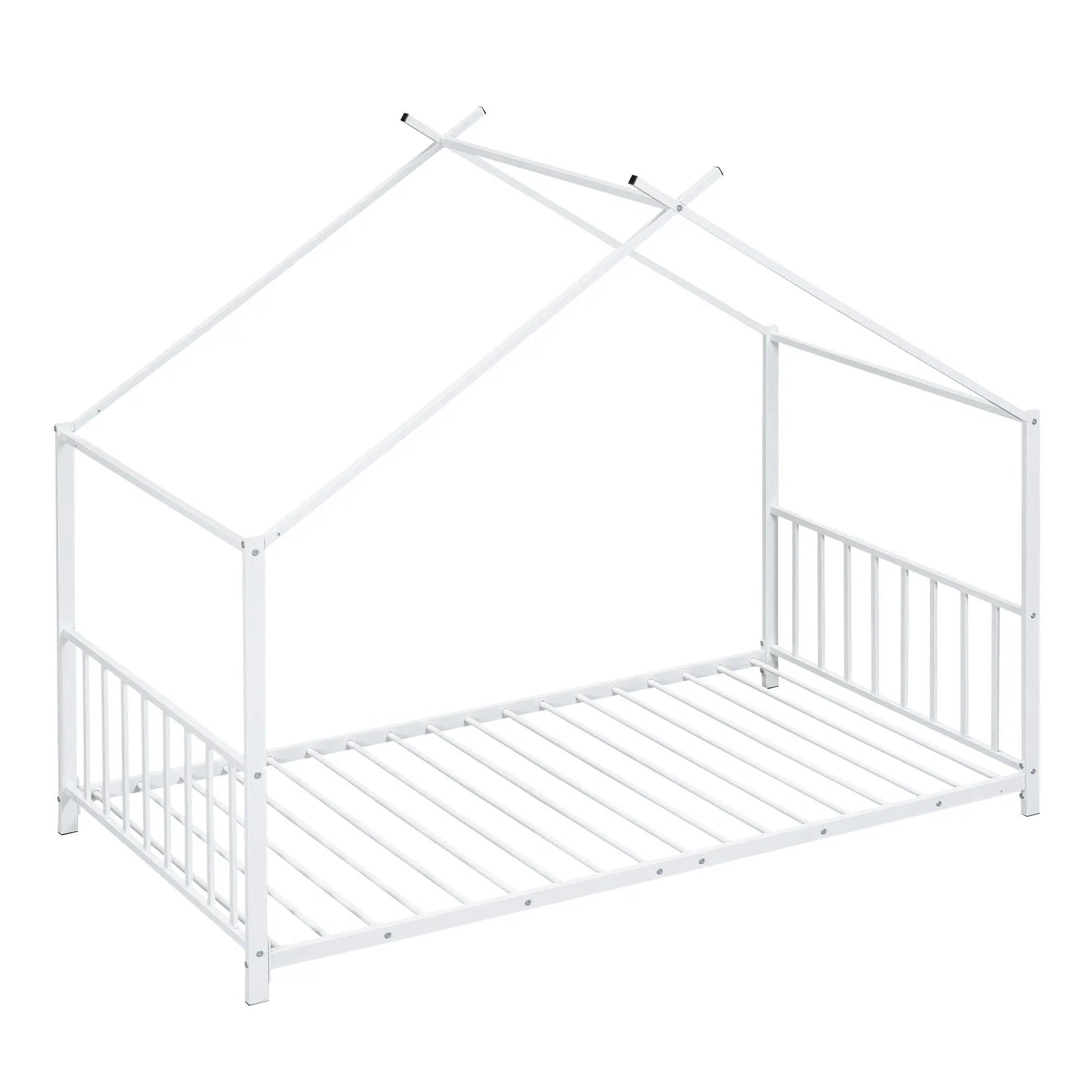 White metal house platform bed frame with canopy rails and slatted base on Tampa Home & Garden Store