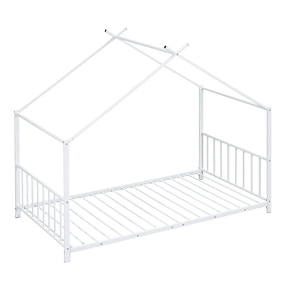 White metal house platform bed frame with canopy rails and slatted base on Tampa Home & Garden Store