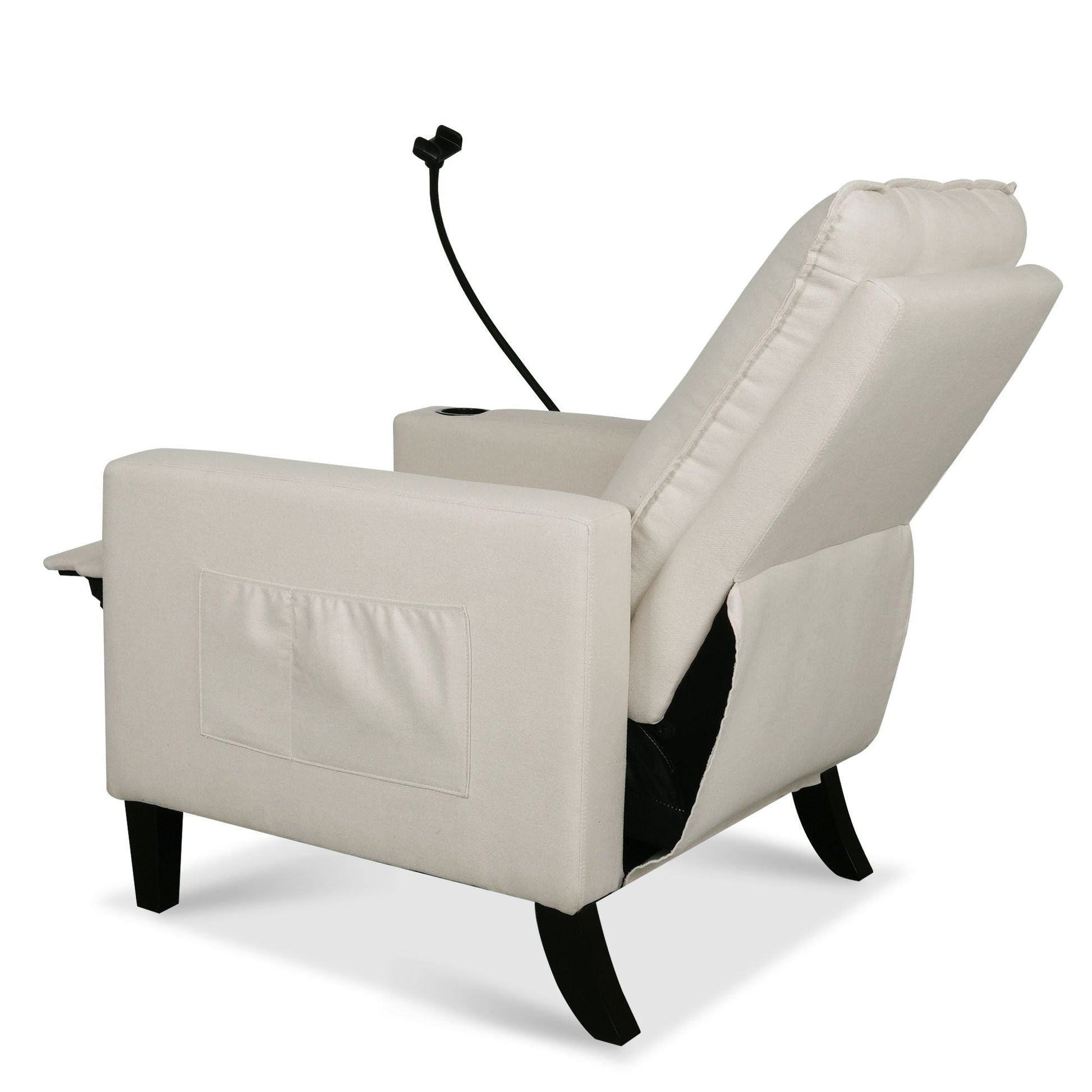 HouseOfZazla beige fabric recliner chair with cup holder in the armrest and curved black legs on Tampa Home & Garden Store