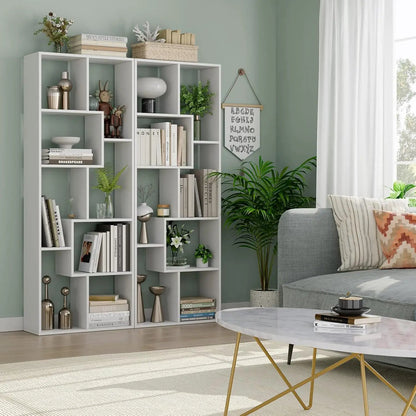 White 5-tier asymmetrical display shelf & bookcase by Unique Piece Furniture with books & plants on Tampa Home & Garden Store