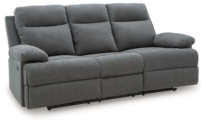 Reclining Side-Swipe sofa by Unique Piece Furniture in gray fabric with plush cushions on Tampa Home & Garden Store